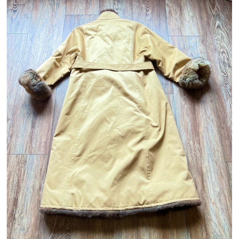 Vintage 60s 70s Tan Coat Genuine Fur Trim Quilted Lining Belted Mod Camel M/L - Picture 4 of 13